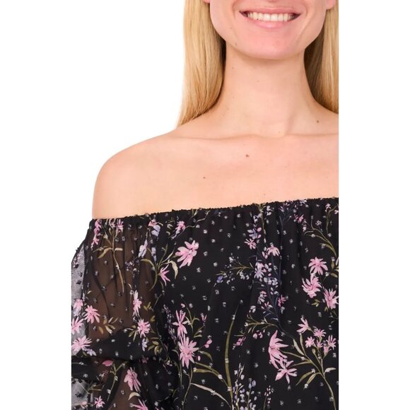 CeCe Floral Off-The-Shoulder Lantern Sleeve Black Top W/ Textured Floral Print & - Picture 3 of 8